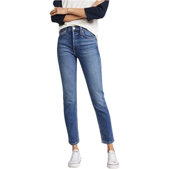 Re/Done 90s High-Rise Ankle Crop in Dark Crystal Blue Wash. Size 26. NWT! - Picture 1 of 15